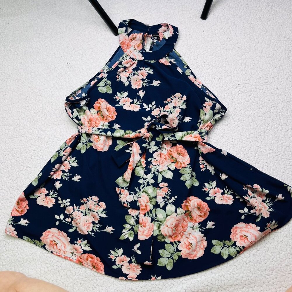 Floral Halter Dress With Belt Navy & Pink Shein Size XL